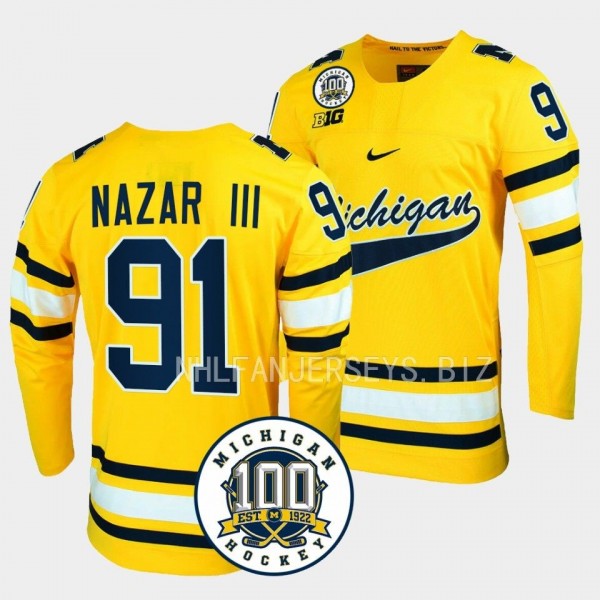 Frank Nazar III Michigan Wolverines 100th Anniversary Maize Hockey Jersey 91