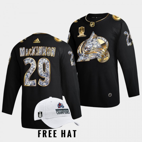 Nathan MacKinnon Colorado Avalanche 2022 Stanley Cup Champs Black 29 Jersey Golden Diamond