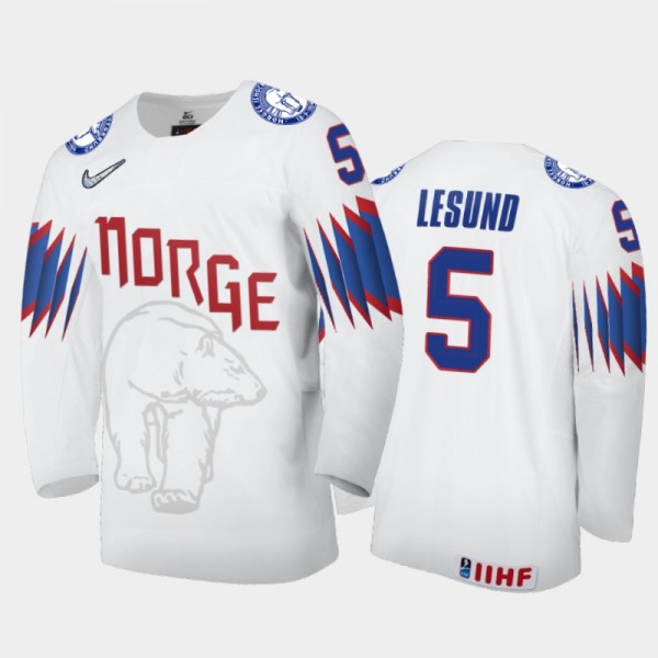Men's Norway 2021 IIHF World Championship Erlend Lesund #5 Home White Jersey
