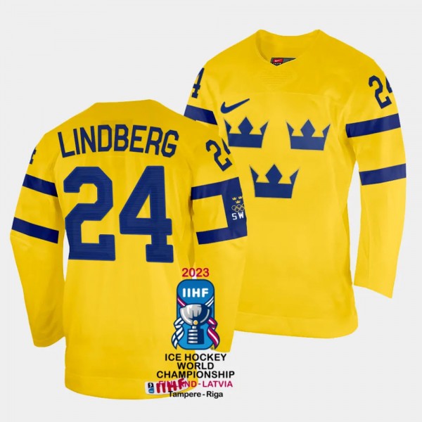 Sweden 2023 IIHF World Championship Oscar Lindberg #24 Yellow Jersey Home