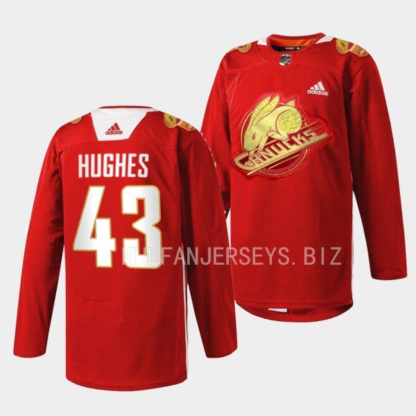 Vancouver Canucks 2023 Lunar New Year Quinn Hughes #43 Red Jersey Rabbit Warm-up