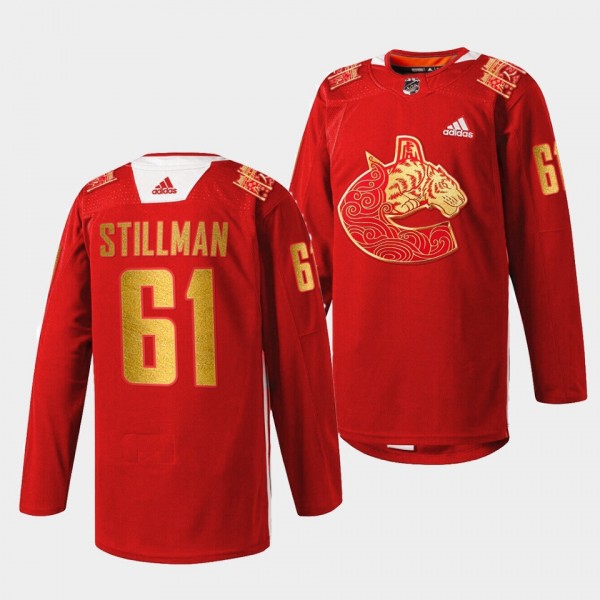 Vancouver Canucks Riley Stillman Chinese New Year #61 Red Jersey Warm Up