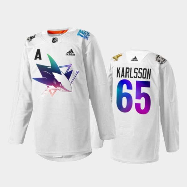 Erik Karlsson San Jose Sharks Pride Night 2022 Jersey White #65 HockeyIsForEveryone