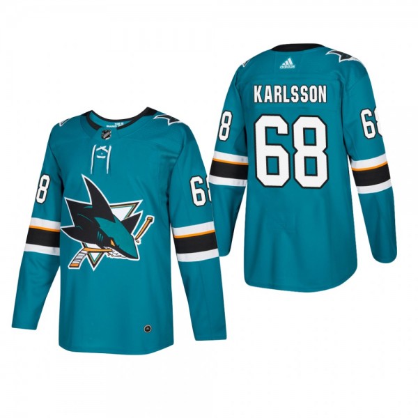 Men's San Jose Sharks Melker Karlsson #68 Home Tea...