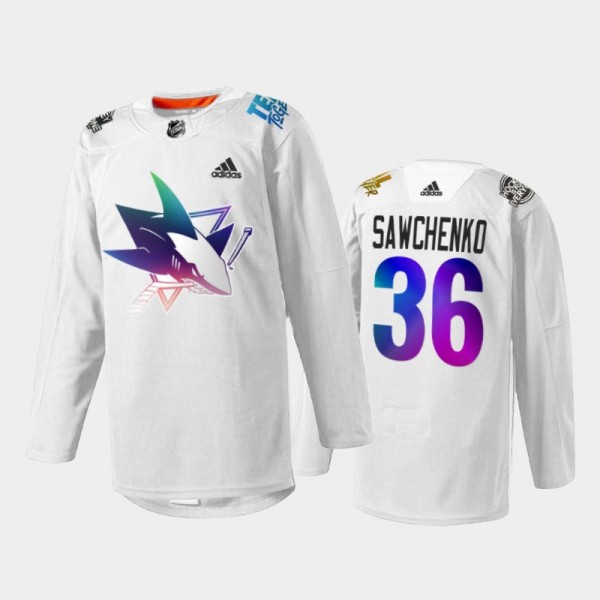 Zach Sawchenko San Jose Sharks Pride Night 2022 Jersey White #36 HockeyIsForEveryone