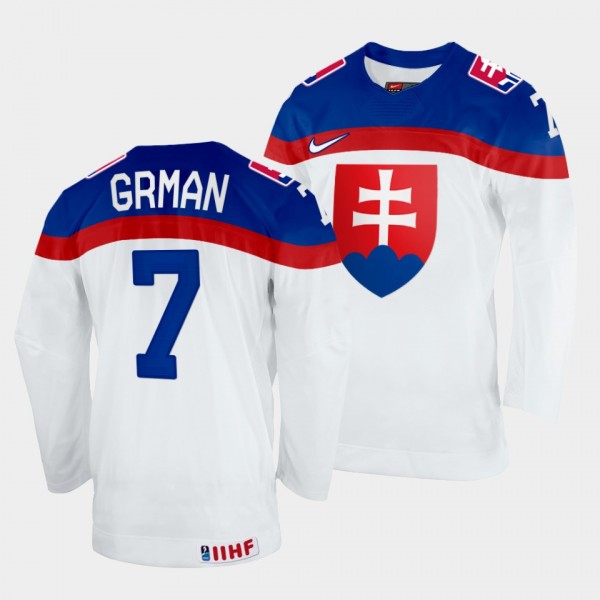 Slovakia Hockey #7 Mario Grman 2022 IIHF World Championship White Jersey Home