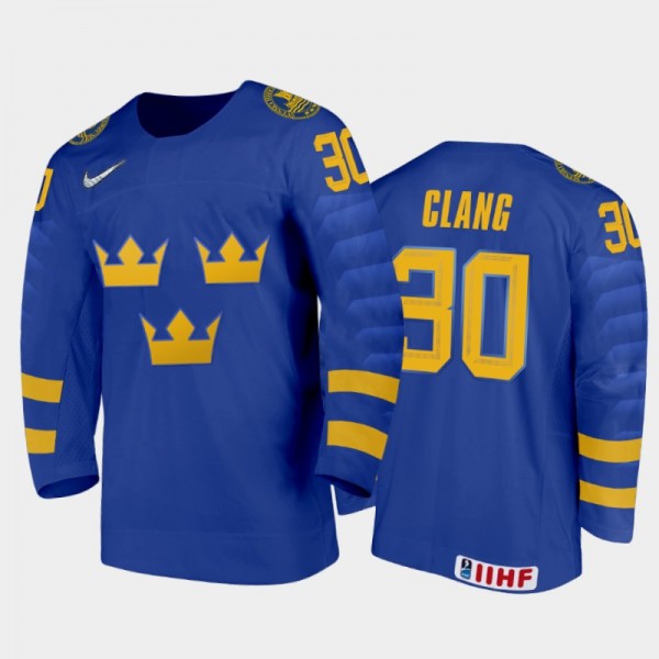 Sweden Hockey Calle Clang 2022 IIHF World Junior Championship Blue #30 Jersey Away