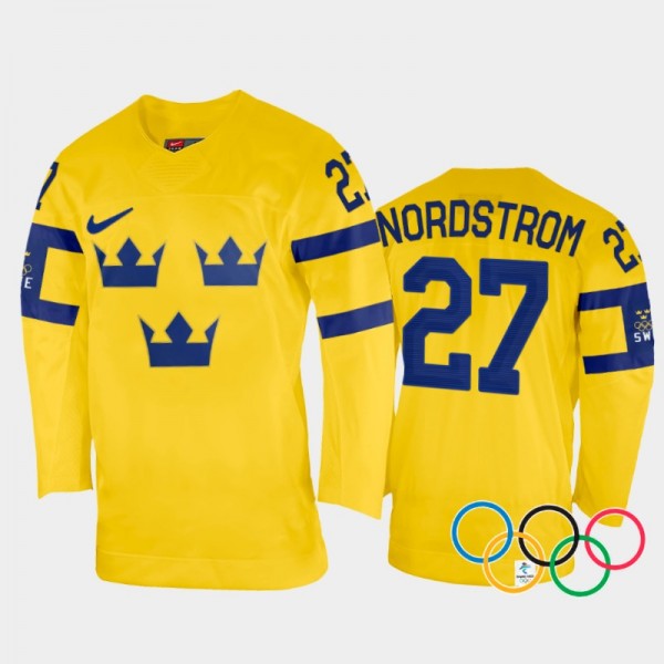 Sweden Hockey Joakim Nordstrom 2022 Winter Olympics Yellow #27 Jersey Home