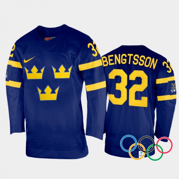 Lukas Bengtsson Sweden Hockey Navy Away Jersey 2022 Winter Olympics
