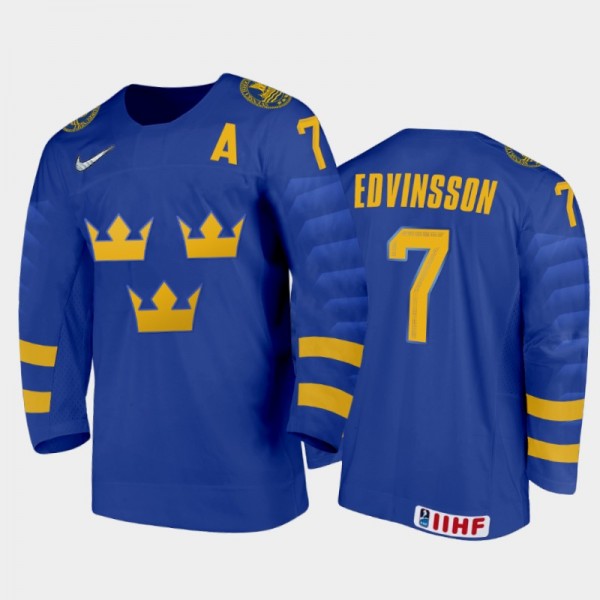 Sweden Hockey Simon Edvinsson 2022 IIHF World Junior Championship Blue #7 Jersey Away