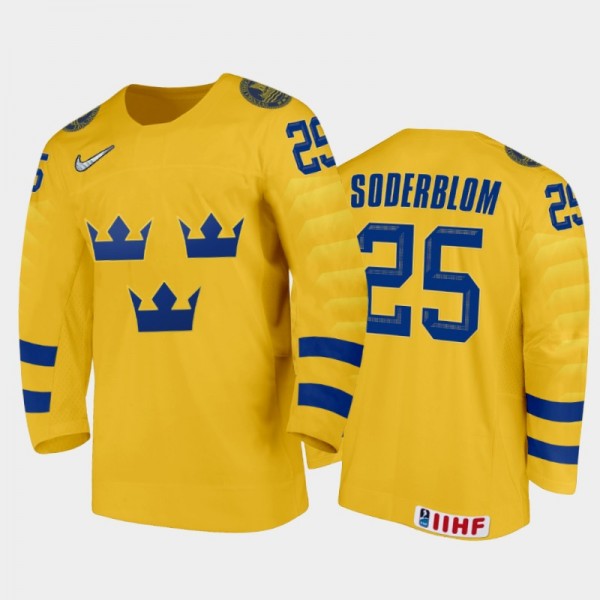 Men Sweden Team 2021 IIHF World Junior Championship Elmer Soderblom #25 Home Gold Jersey
