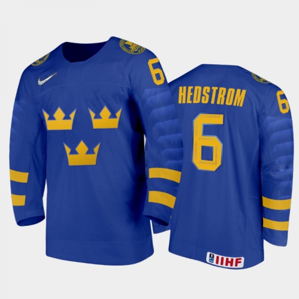 Men Sweden Team 2021 IIHF World Junior Championship Ludvig Hedstrom #6 Away Blue Jersey