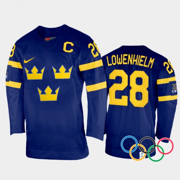 Sweden Women's Hockey Michelle Lowenhielm 2022 Winter Olympics Navy #28 Jersey Away