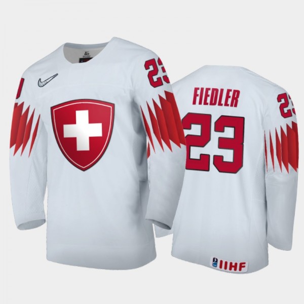 Men Switzerland 2021 IIHF World Junior Championship Cedric Fiedler #23 Home White Jersey