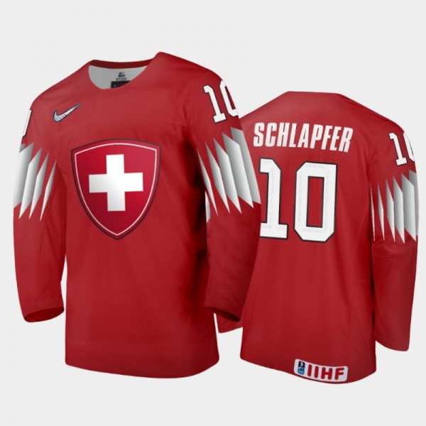 Men Switzerland 2021 IIHF World Junior Championship Elvis Schlapfer #10 Away Red Jersey