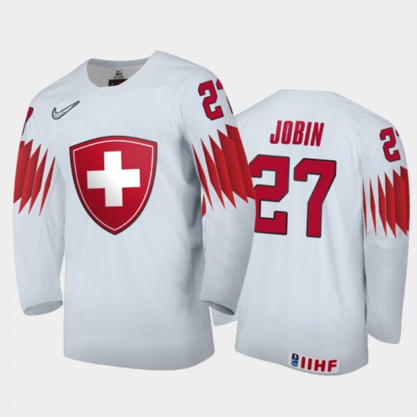 Men Switzerland 2021 IIHF World Junior Championship Gaetan Jobin #27 Home White Jersey