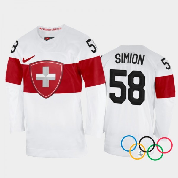 Dario Simion Switzerland Hockey White Away Jersey 2022 Winter Olympics
