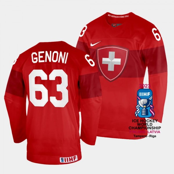 Leonardo Genoni 2023 IIHF World Championship Switzerland #63 Red Away Jersey Men