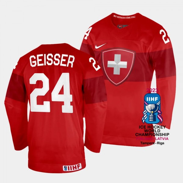 Tobias Geisser 2023 IIHF World Championship Switzerland #24 Red Away Jersey Men