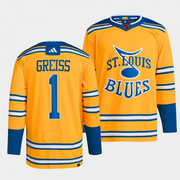 St. Louis Blues 2022 Reverse Retro 2.0 Thomas Greiss #1 Yellow Jersey Authentic Primegreen