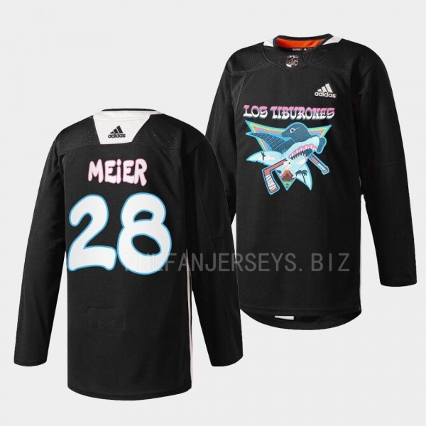 San Jose Sharks 2022 Los Tiburones Timo Meier #28 Black Specialty Warm-Up Jersey Men's