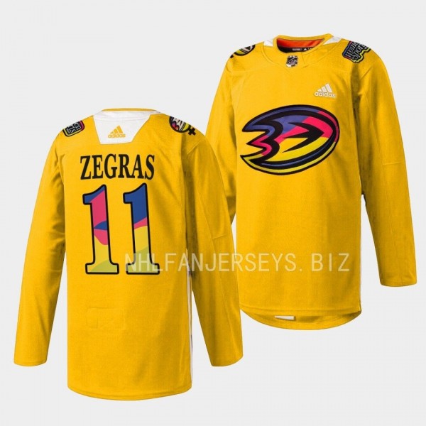 Women in Sports Night Trevor Zegras Anaheim Ducks Yellow #11 Warmup Jersey 2023