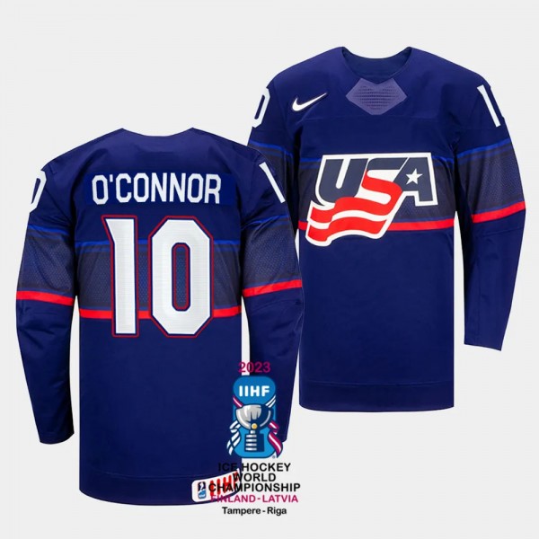 Drew O'Connor 2023 IIHF World Championship USA #10 Blue Away Jersey Men