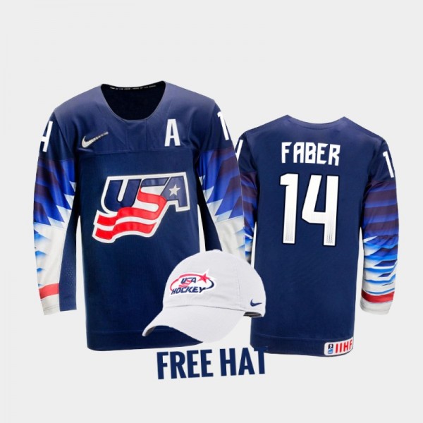 USA Hockey Brock Faber 2022 IIHF World Junior Championship Blue #14 Jersey Free Hat