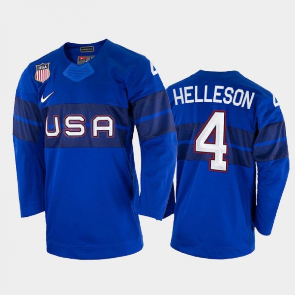 USA Hockey Drew Helleson 2022 Winter Olympics Royal #4 Jersey