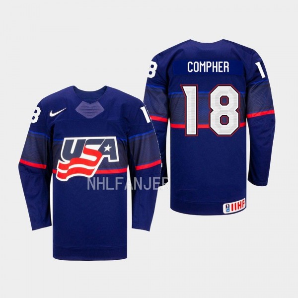 Jesse Compher IIHF USA Hockey #18 Blue Away Jersey...