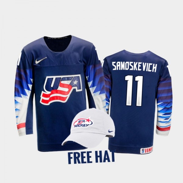 USA Hockey Mackie Samoskevich 2022 IIHF World Junior Championship Blue #11 Jersey Free Hat