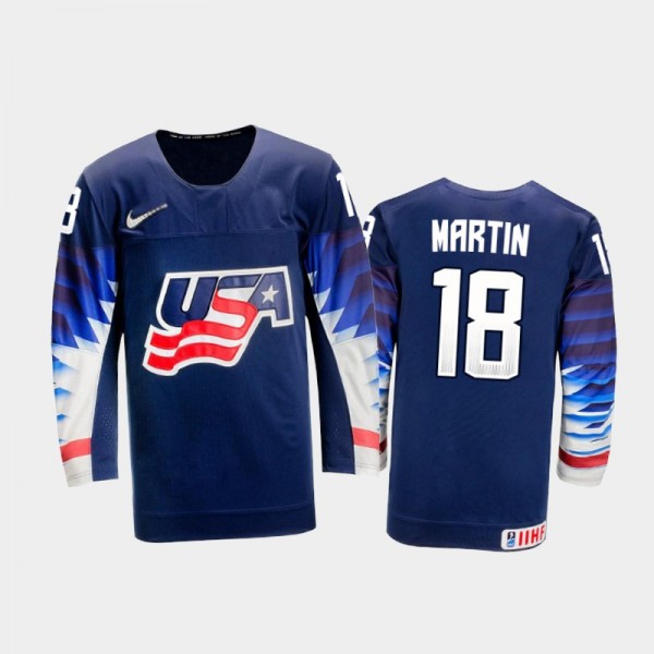 Men's USA Team 2021 IIHF U18 World Championship Jacob Martin #18 Away Navy Jersey