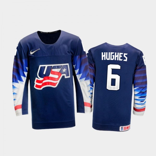 Men's USA Team 2021 IIHF U18 World Championship Luke Hughes #6 Away Navy Jersey