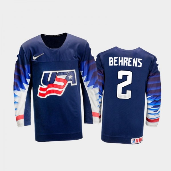 Men's USA Team 2021 IIHF U18 World Championship Sean Behrens #2 Away Navy Jersey