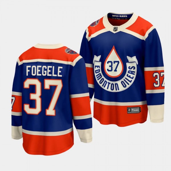 Warren Foegele Edmonton Oilers 2023 NHL Heritage Classic Royal #37 Premier Jersey Men's