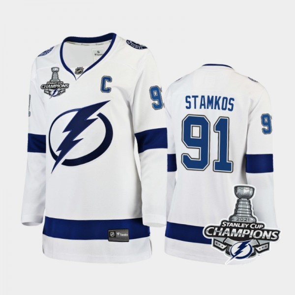 Women Tampa Bay Lightning Steven Stamkos #91 2021 Stanley Cup Champions Away Jersey - White