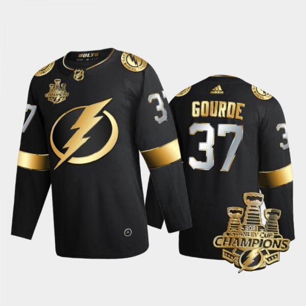 Tampa Bay Lightning Yanni Gourde #37 3x Stanley Cup Champions Black Golden Authentic Jersey
