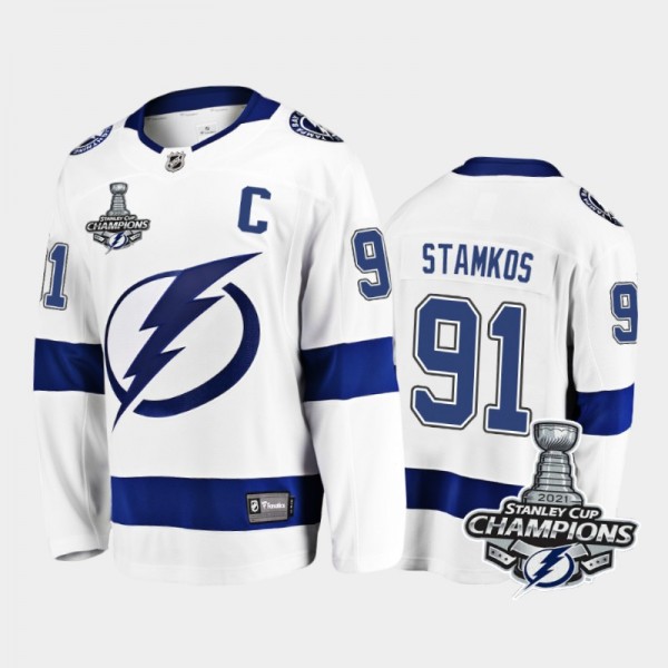 Youth Tampa Bay Lightning Steven Stamkos #91 2021 Stanley Cup Champions Away White Jersey